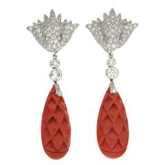 Carved Coral Diamond Platinum Pine Cone Drop Earrings 9