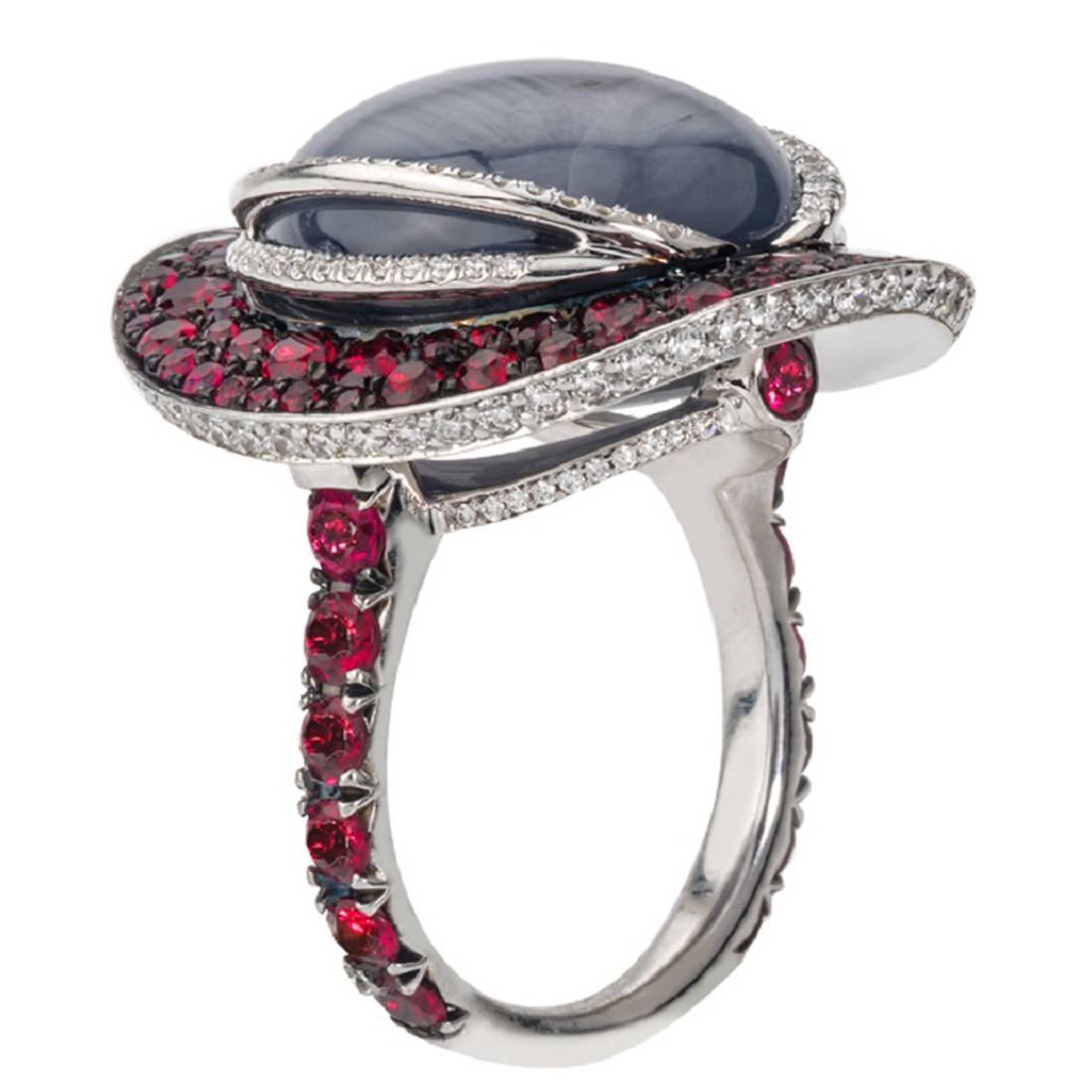 Grey Star Sapphire Red Spinel Ruby Diamond Gold Ring For Sale at 1stdibs