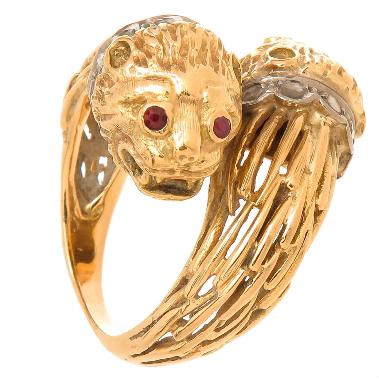 Lalaounis Yellow Gold and gem set Large Double Lion Head Ring