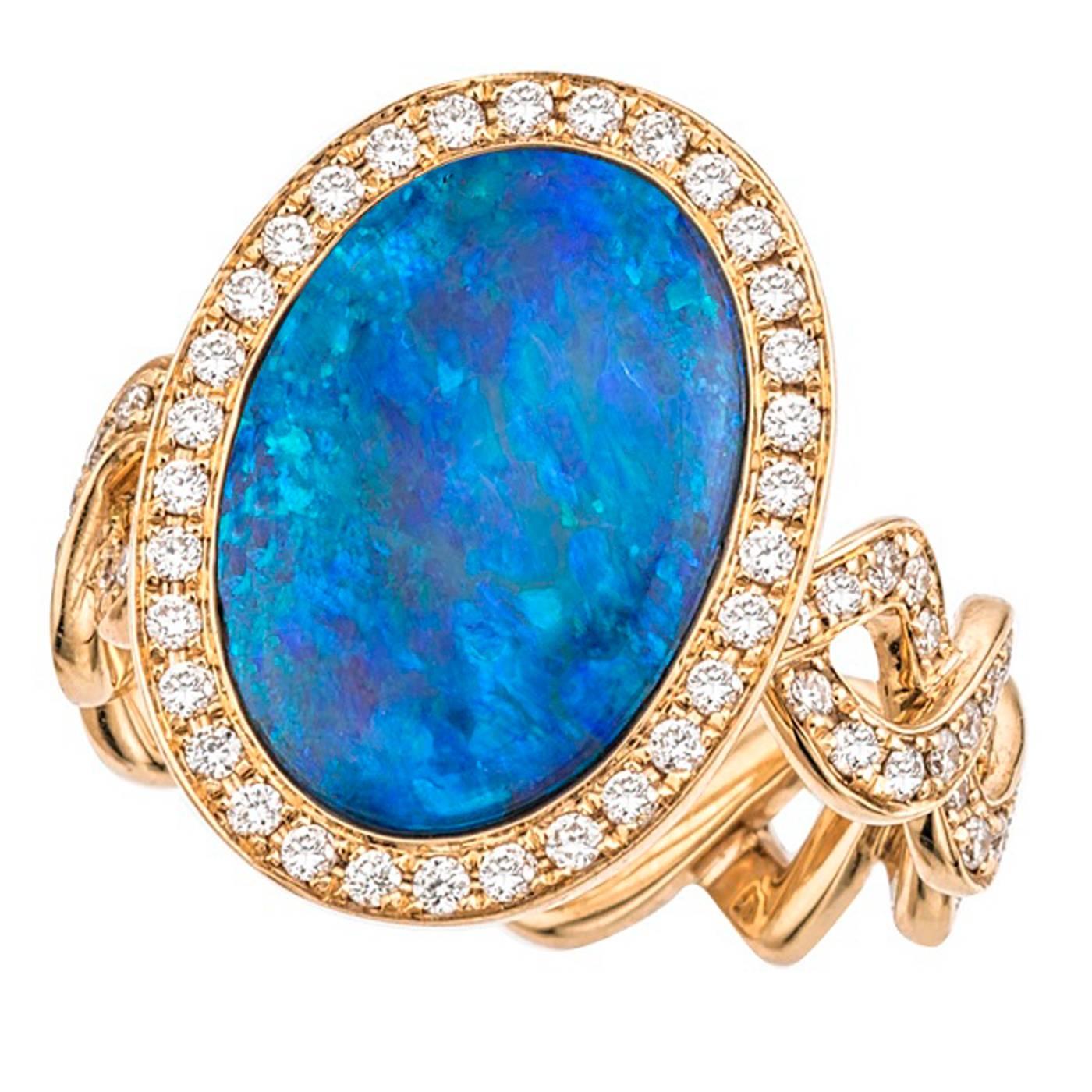 Contemporary Opal, Diamond and Gold Ring For Sale