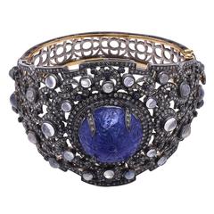 Luxurious Moonstone Sapphire Diamond Silver Gold Bangle Bracelet 6