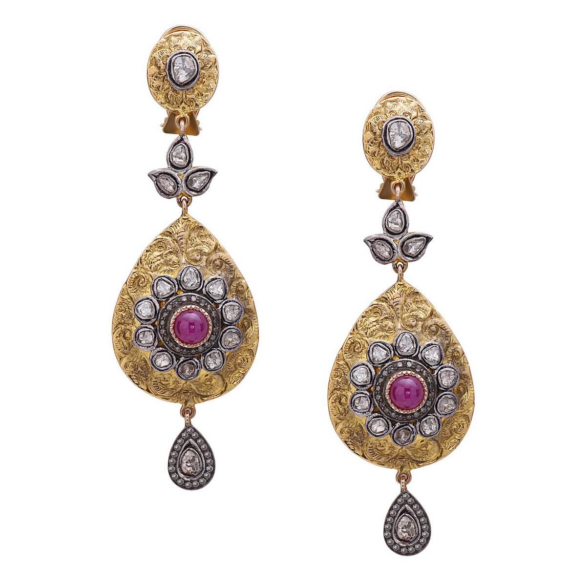 Ruby Diamond Gold Floral Motif Dangle Earrings