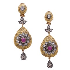 Ruby Diamond Gold Floral Motif Dangle Earrings