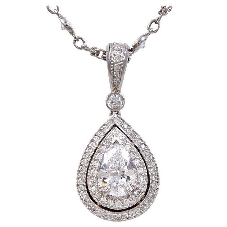 Michael Beaudry Pear-Shaped Diamond Pendant with Diamond Platinum Chain For Sale