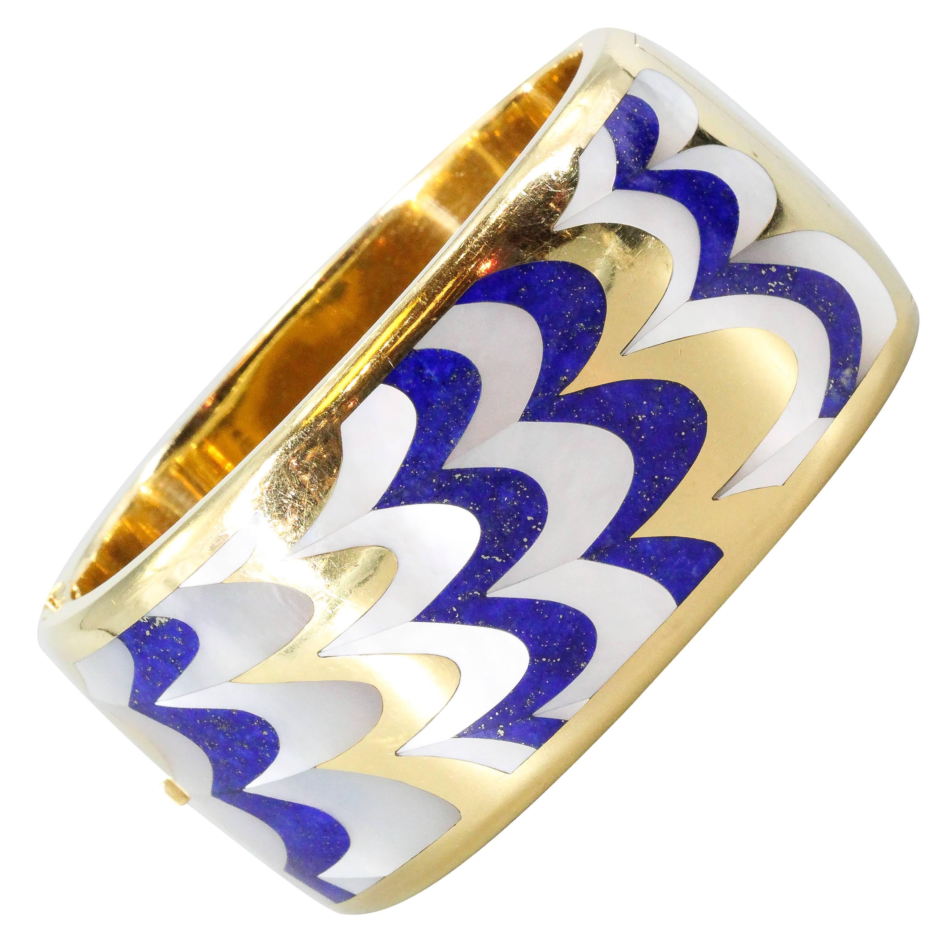 Tiffany & Co. Angela Cummings Inlaid Lapis Mother of Pearl Gold Bangle Bracelet