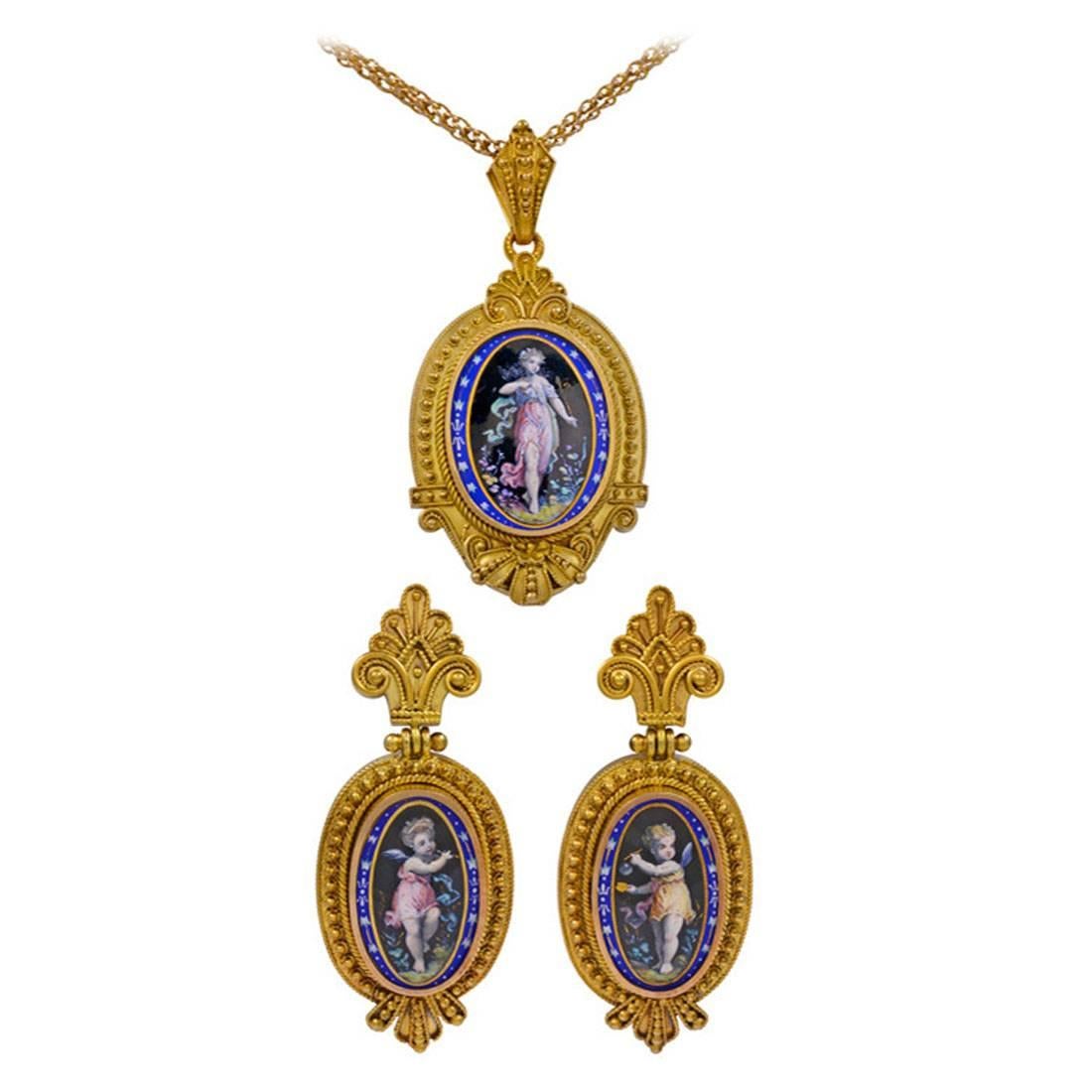 Victorian Enamel Gold Locket Earring Set