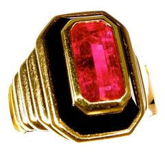 Hot Pink Tourmaline Onyx Gold Ring