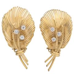 Diamond Gold Leaf Frond Earclips