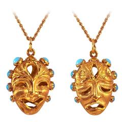 Drama Mask Persian Turquoise Gold Pendant