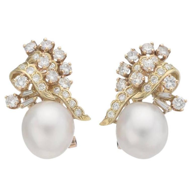 Pearl Diamond Gold Earrings at 1stDibs