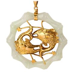 Retro White Jade Gold Double Fish Pendant Necklace