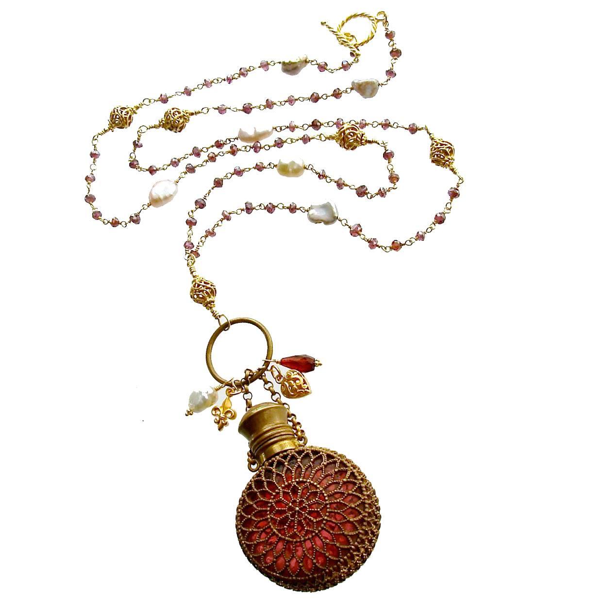 Mystic Garnet Keshi Pearls Cranberry Glass Chatelaine Scent Bottle Necklace