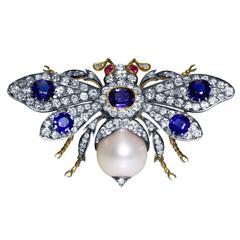 Larger Antique Sapphire Pearl Ruby Diamond Bumblebee Brooch