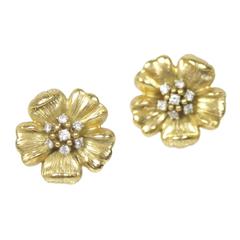 Diamond Textured Gold Flower Tension Clasp Earrings