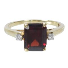Vintage Emerald Cut Garnet and Diamond 14KT Yellow Gold Ring Size 6