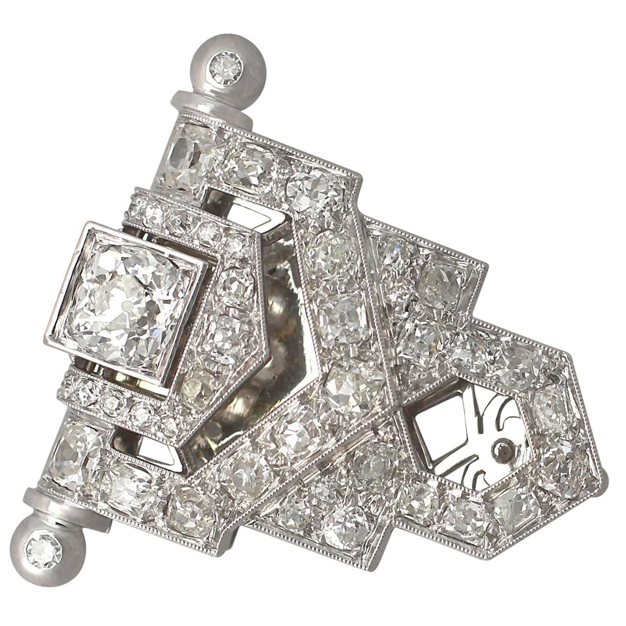 3.50Ct Diamond, 18k White Gold Clip Brooch - Art Deco Style - Antique Circa 1920