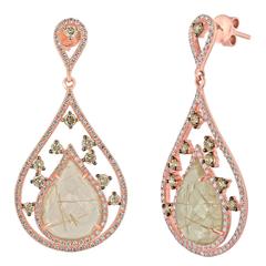 Rutilated Quartz Diamond Gold Drop Earrings