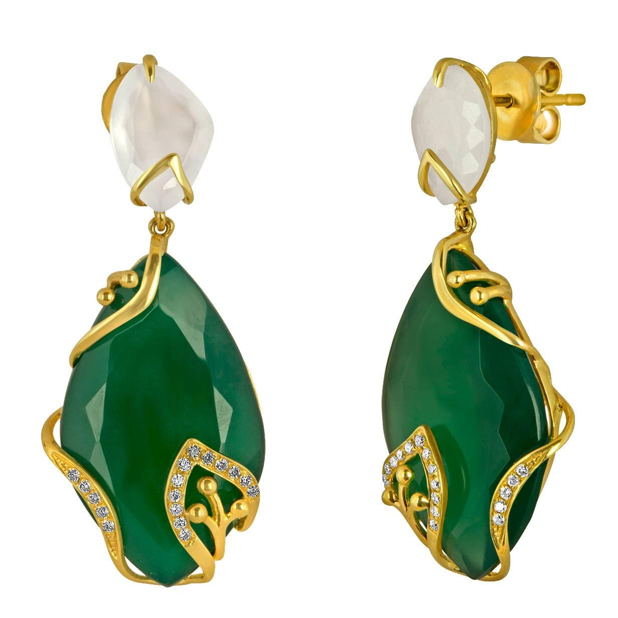 19.03 Carats Green Agate Chalcedony Diamond Gold Earrings