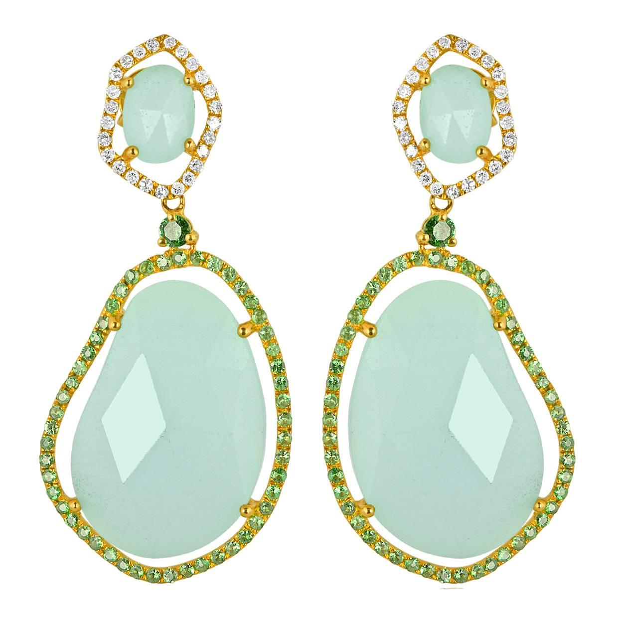 30.36 Carats Amazonite Green Garnet Diamond Gold Earrings For Sale