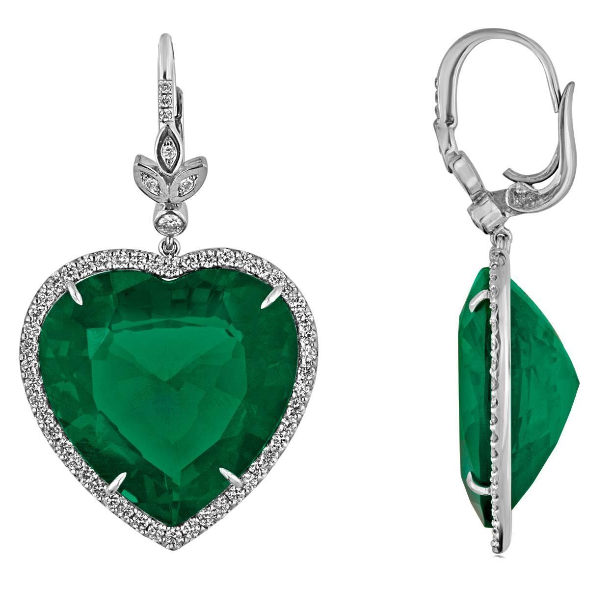 42 00 Carats Large Emerald Diamond Gold Heart Shaped Earrings For 42 00 Carats Large Emerald Diamond Gold Heart Shaped Earrings For At 1stdibs