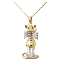 0.39Ct Diamond & 0.12Ct Ruby, 18k Yellow Gold Cat Pendant - Vintage Circa 1980