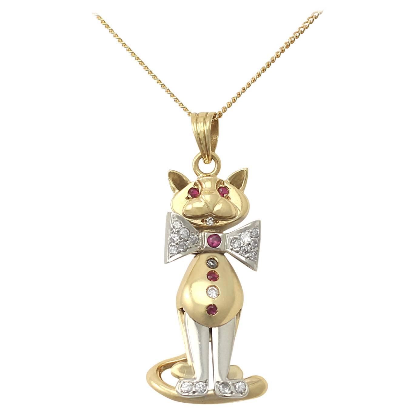 0.39Ct Diamond and 0.12Ct Ruby, 18k Yellow Gold Cat Pendant Vintage