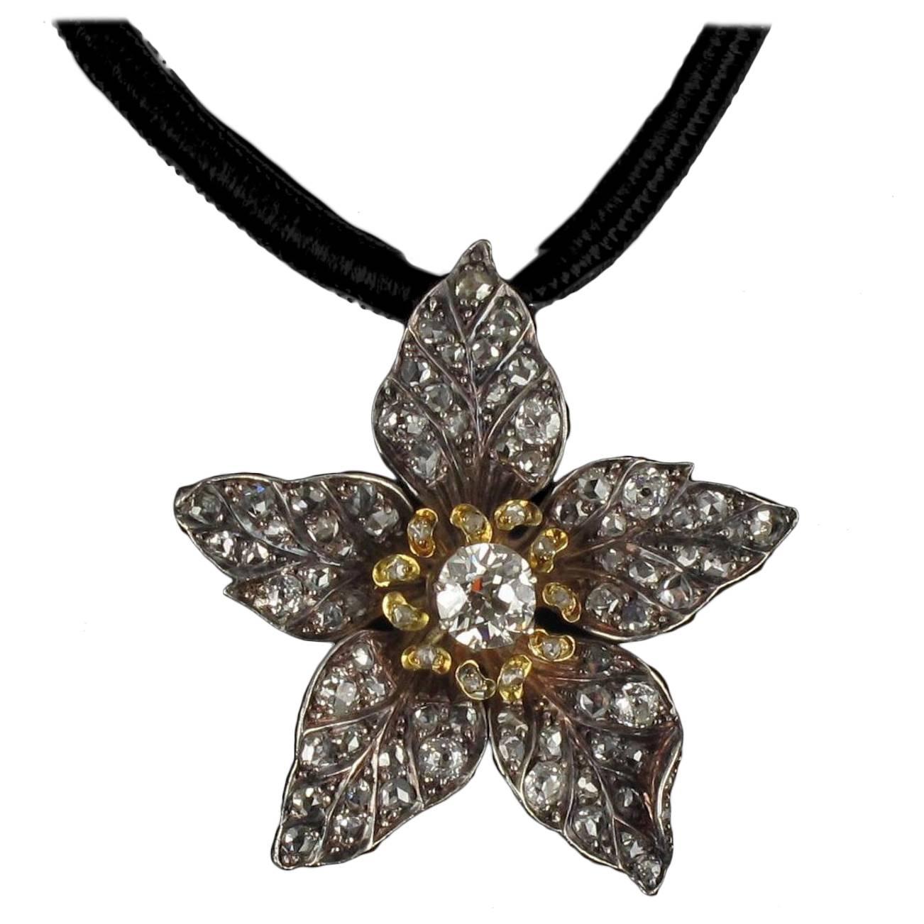 French Antique 19th Century Diamond Silver Gold Flower Pendant For Sale 7