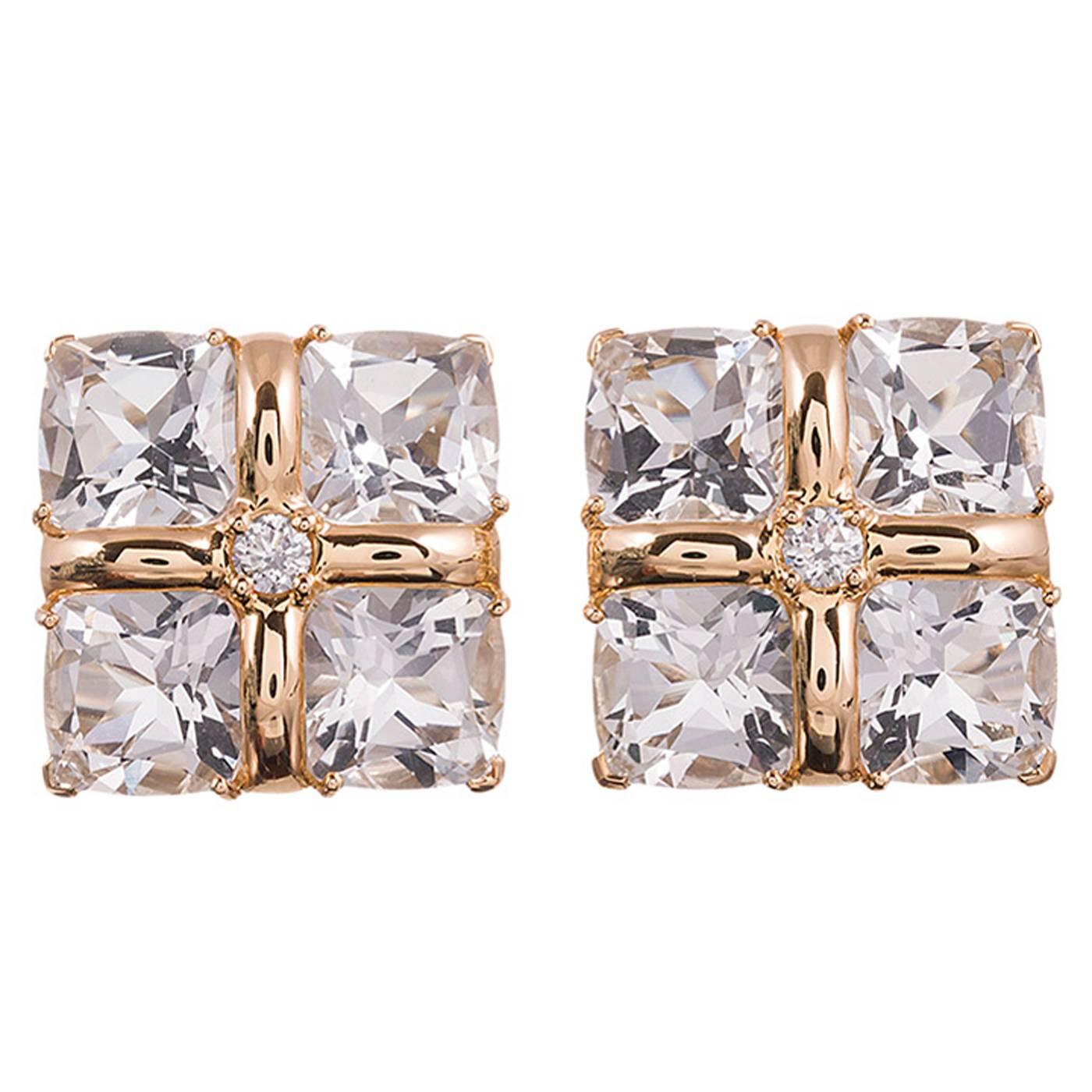 Seaman Schepps Crystal Diamond Gold “Four Square" Earrings
