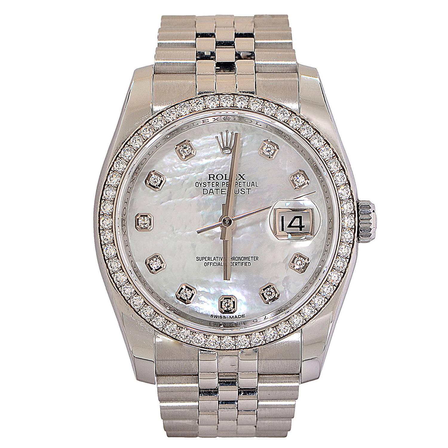 Rolex White Gold Stainless Steel  Diamond Datejust Wristwatch