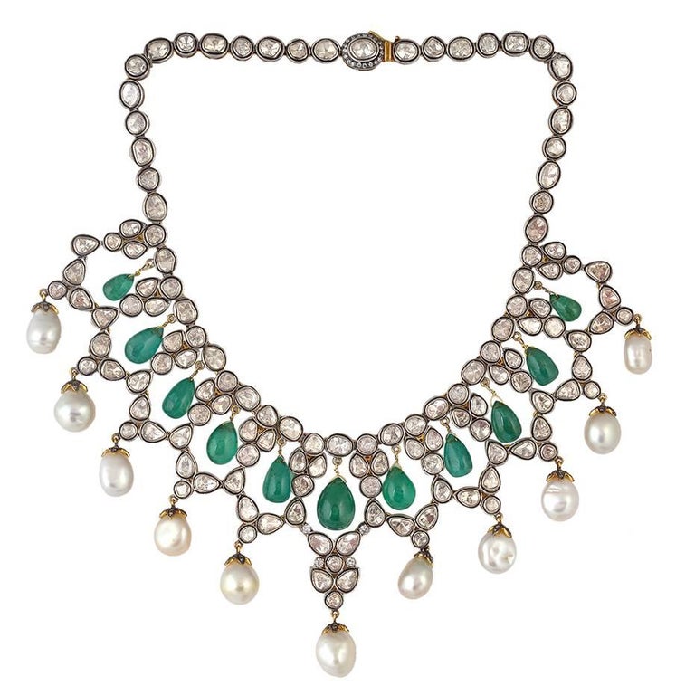 Artisan NYC necklace of pearls, emeralds and rose-cut diamonds, 2016