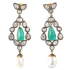 Pearl Rosecut Emerald Diamond Earrings
