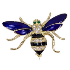 Beautiful Enamel Diamond Gold Bee Fly Brooch Pin Fine Estate Jewelry