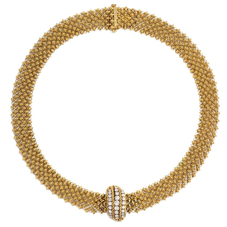 1950s French Woven Gold Necklace with Diamond Clasp For Sale at 1stdibs