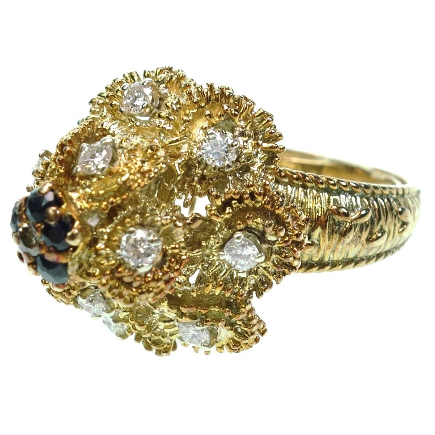 1960s Sapphire and Diamond Yellow Gold Coktail  Ring For Sale