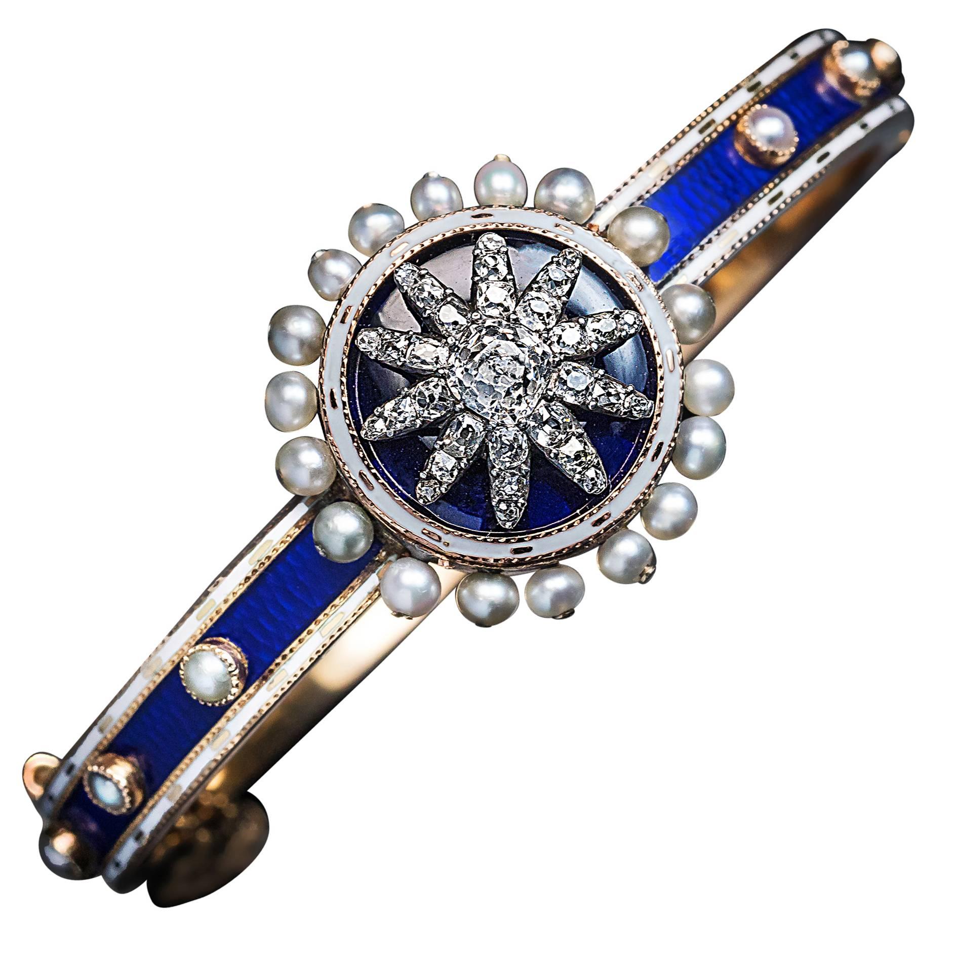 Antique Georgian Enamel Diamond Gold Pearl Bracelet