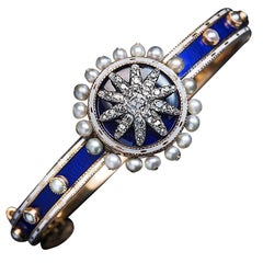 Bracelet antique géorgien en émail:: diamant:: or et perle