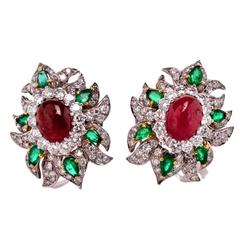 Ruby Emerald Diamond Platinum Clip Back  Earrings