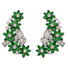 Emerald Baguette and Round Diamond Gold Floral Design Earrings