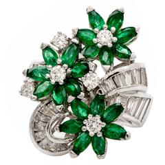  Emerald Diamond Gold Floral Ring