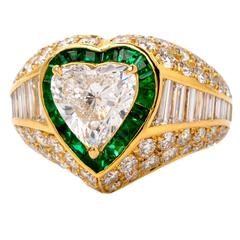 Vintage 2.01 Carat GIA Cert Diamond Heart Emerald Gold Engagement Ring