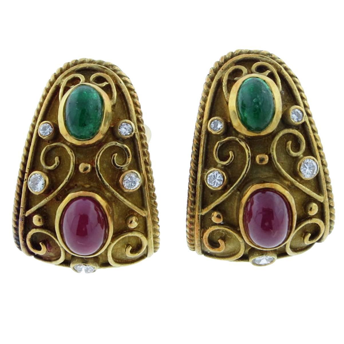 Cabochon Emerald Ruby Diamond Gold Earrings For Sale