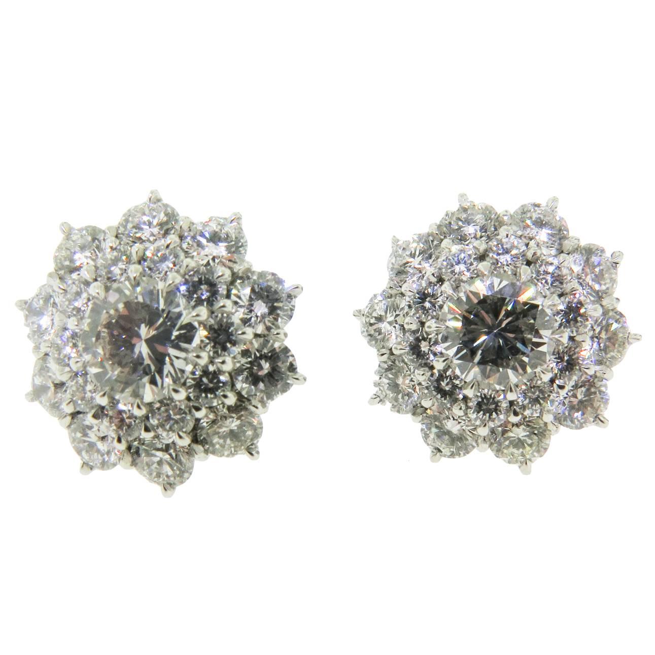 Diamond Platinum Flower Cluster Earrings