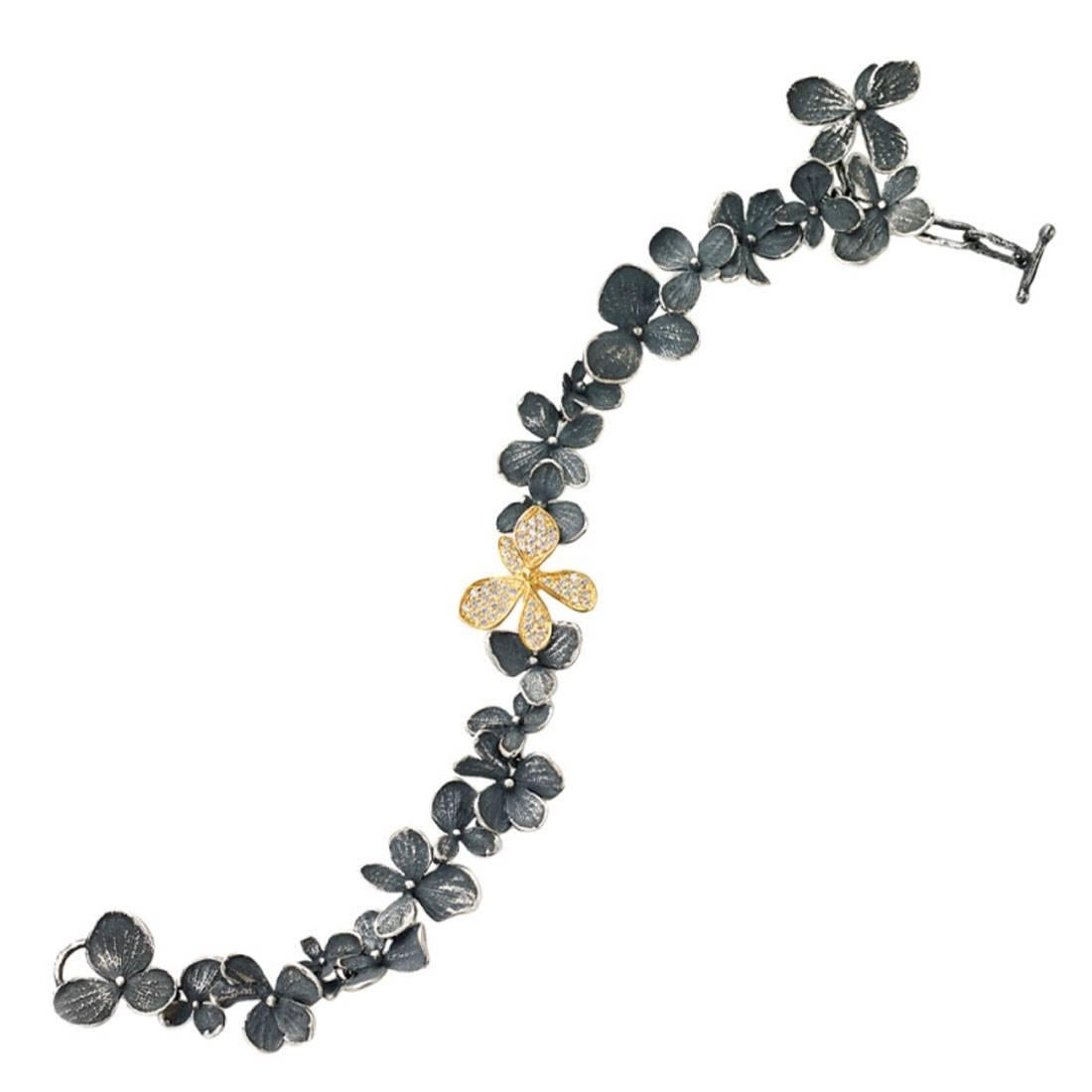 John Iversen Diamond Oxidized Silver Gold Hydrangea Bracelet