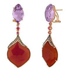 Red Agate and Amethyst Drop Diamond Gold Earrings