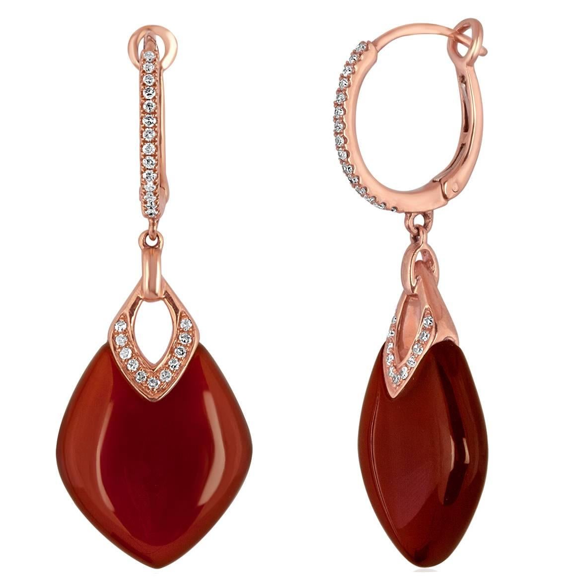 Red Agate and Diamond Dangle Gold Earrings