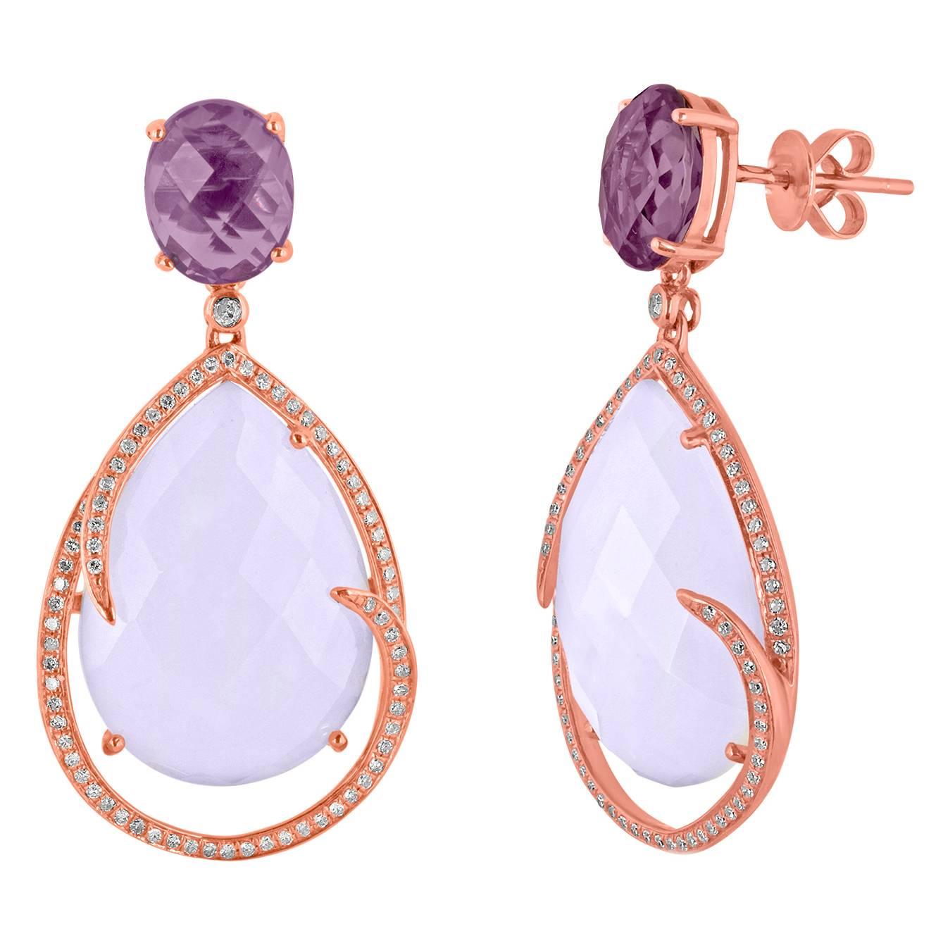 26.63 Carats Chalcedony and Amethyst Diamond Earrings