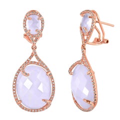 25.71 Carats Chalcedony and Diamond Gold Earrings