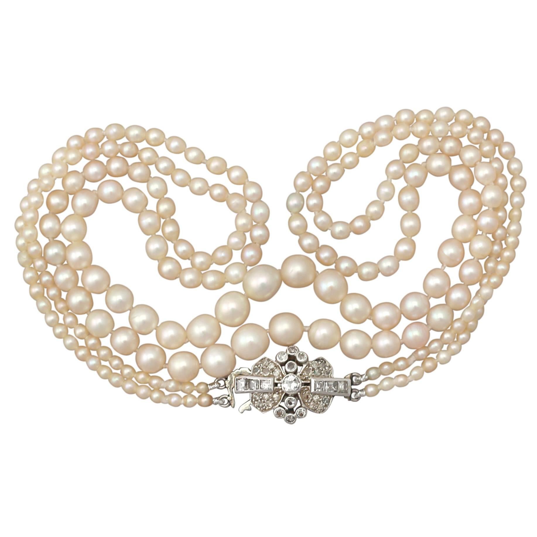 Double Strand Pearl Necklace with 0.55Ct Diamond, White Gold Clasp - Antique