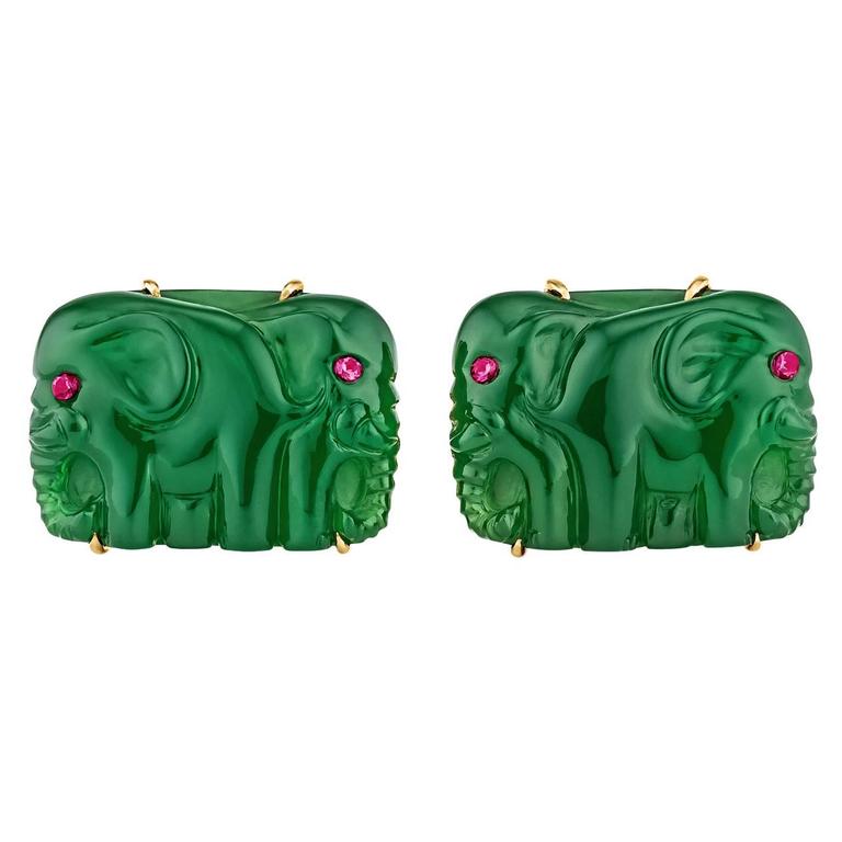 Hand-Carved Agate Ruby Gold Elephant Cufflinks For Sale