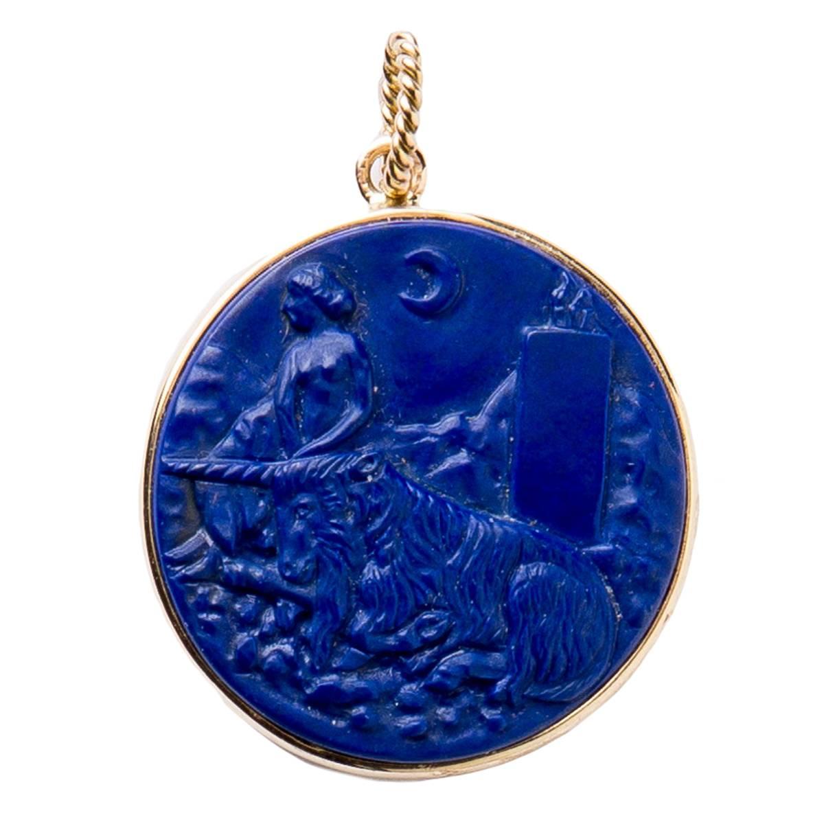 Renaissance Lapis Lazuli Gold Pendant of Innocence and Unicorn